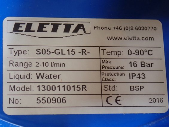 Расходомер ELETTA S05-GL15-R Water 130011015R 2-10 l/min 16bar 5% IP43 0...+90C стрелочный индикатор