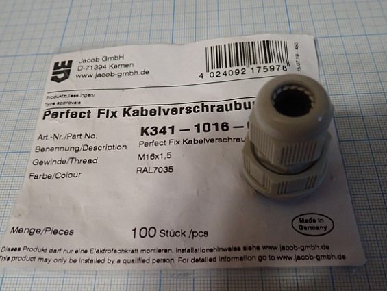 Кабельный ввод гермоввод Jacob K341-1016-00 M16х1.5 RAL7035 Perfect Fix Kabelverschraubung