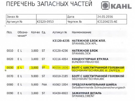Болт с шестигранной головкой KAHL K6056-1606 0030 SECHSKANTSCHRAUBE M. ZAPFEN пресса гранулятора сух