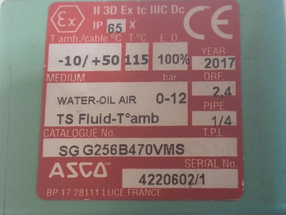 Электромагнитный клапан ASCO SGG256B470VMS 24VDC 5W 48/50-60 G1/4 0-12bar +115С WATER-OIL AIR E.D.10