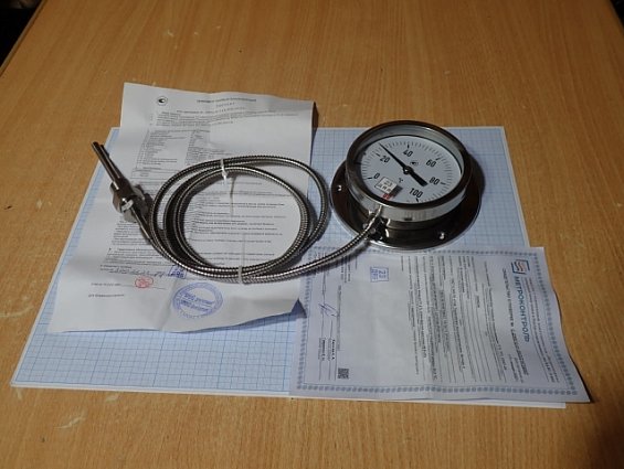 ТЕРМОМЕТР ГАЗОВЫЙ ПОКАЗЫВАЮЩИЙ BD ТГП 100РК/64х8 (0...+100C) кл.т.1,5 G1/2 L=1,5м Ф100мм НЕРЖАВЕЮЩАЯ