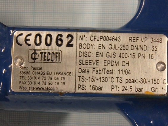 Затвор дисковый поворотный VP3448 DN65 PN16 TECOFI ФРАНЦИЯ межфланцевый