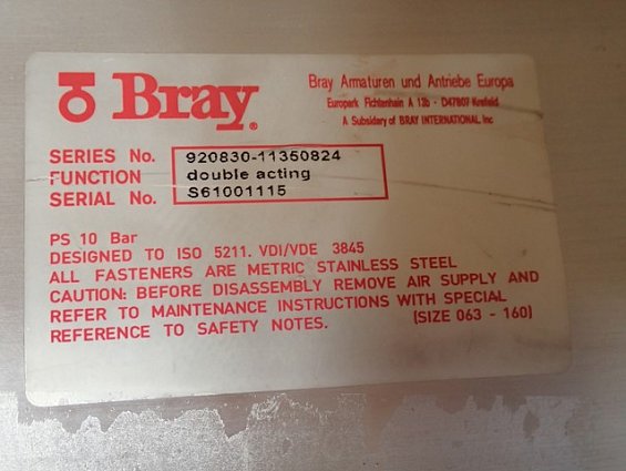 Затвор Bray 40-466-DN100 400400-1100D4FY+Bray double acting 920830-11350824+ITS100 дисковый поворотн
