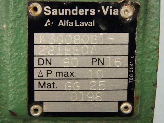 Затвор Saunders-Via Alfa Laval DN80 PN16 K30080BI-221EEOA + пневмопривод RP300605000A00 + пневморасп