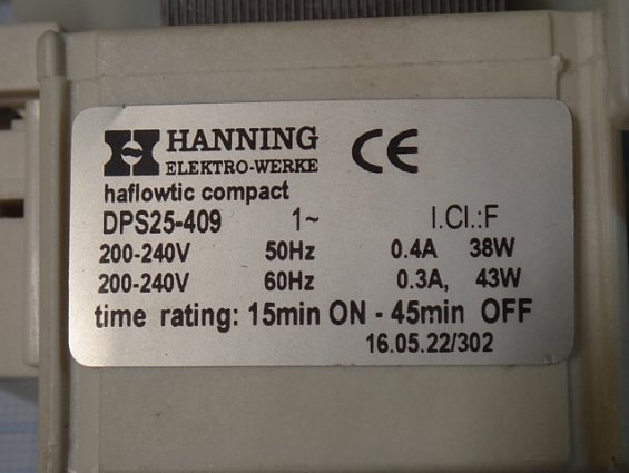 Насос синхронный пароувлажнителя Defensor MK5 HANNING DPS25-409 200-240V 38W 50/60Hz time rating: 15