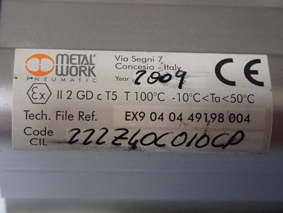 Пневмоцилиндр METAL WORK 222Z40C010CP BORE=040mm STROKE=0010mm ВЗРЫВОЗАЩИТА Ex II 2 GD c T5 T 100C