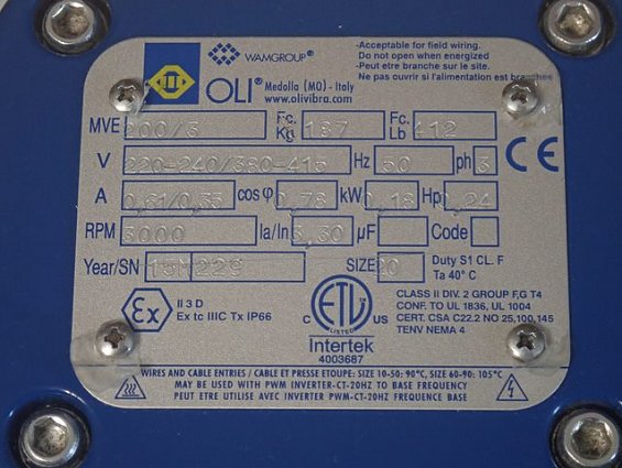 Площадочный вибратор OLI MVE-200/3 220-240/380-415V 50Hz ph3 0.61/0.35A 0.18kW 3000RPM Ex WAMGROUP