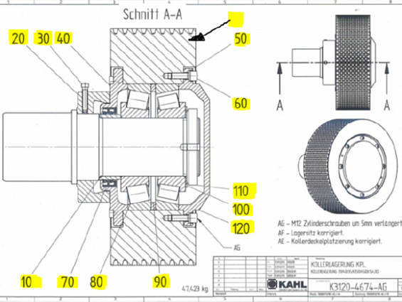 Бегун цельный ролик в сборе с подшипниковой опорой KAHL K3120-8170 пресса гранулятора сухого жома