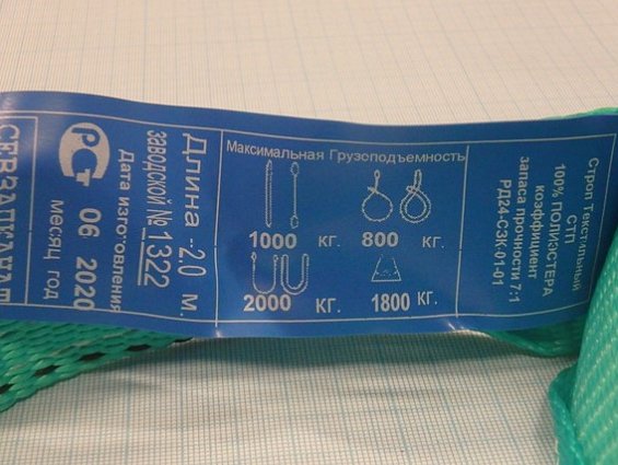 Строп текстильный СТП-1 100% полиэстер максимальная грузоподъемность 1.0т длина 2.0м
