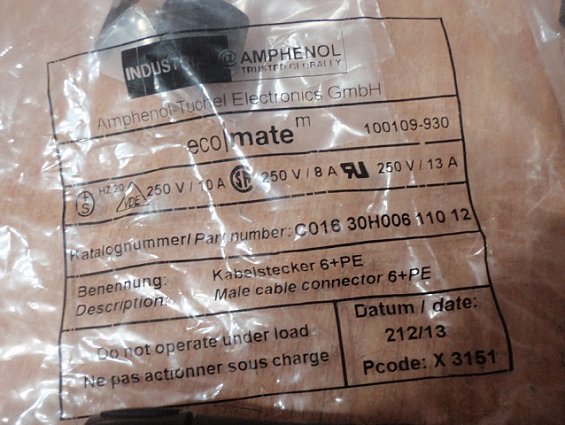 Разъем Amphenol C016 на кабель 7контактов П-папа 6+pe C01630h00611012 250V 10A