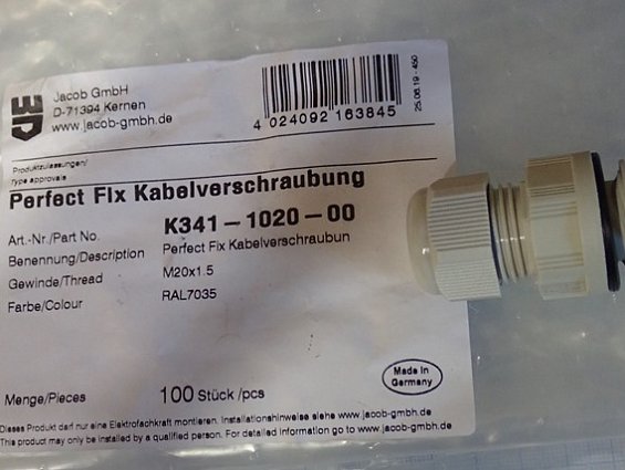 Кабельный ввод гермоввод Jacob K341-1020-00 M20х1.5 RAL7035 Perfect Fix Kabelverschraubung