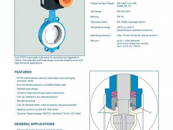 Затвор химический EBRO ARMATUREN T211-A DN250 PN10 -20/+200C Disk-PTFE Liner-PTFE/S