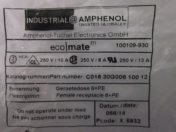 Разъем Amphenol C016 на блок 7контактов М-мама 6+pe C01630G00610012 250V 10A