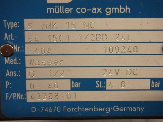 Модуль muller co-ax gmbh 5-VMK 15 NC Art.-54 15C1 1/2BD 24L G1/2" 24VDC Wasser пневмораспределитель