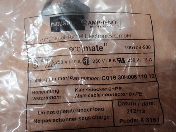 Разъем Amphenol C016 на кабель 7контактов П-папа 6+pe C01630h00611012 250V 10A