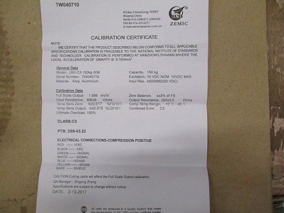 Датчик тензометрический ZEMIC LOAD CELL L6G-c3-150kg-3G6 НПИ-150кг class-c3 150kg