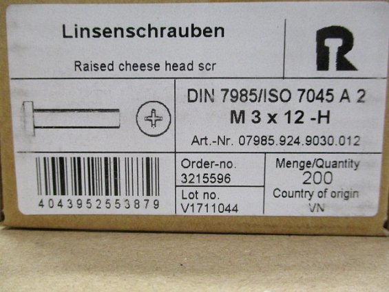 Винт М3х12 A2 DIN7985 ГОСТ17473 ISO7045 из нержавеющей стали с линзообразной цилиндрической головкой