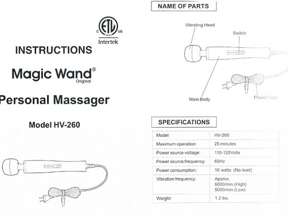 Вибромассажер Original Magic Wand hv-260 massager 110-250V 60Hz 10W 25MIN Vibratex для спины и ног