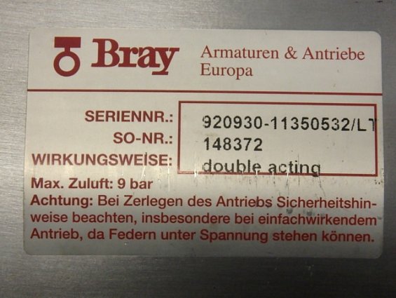 Пневмопривод double acting Bray DA0930 920930-11350532/LT двойного действия с пневмораспределителем