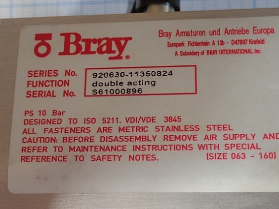 Затвор Bray 30-169-DA0630-DN50 30-169-DN50+S92-0630 920630-11350824 double acting