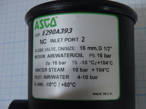 Резьбовой клапан с пневмоуправлением asco e290a393 NC DN15 G1/2" 16bar -10C...+184C 4-10bar