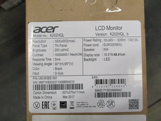 Монитор LCD Acer 19.5" 48.41cm k202hQL 1600х900max TN Panel 200cd/m2 5ms Black D-Sub 100-240V