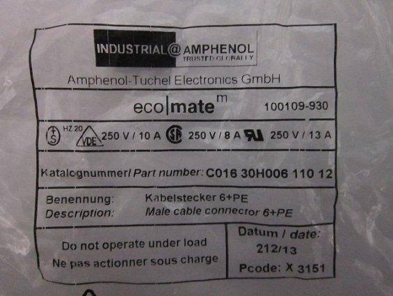 Разъем Amphenol C016 на кабель 7контактов П-папа 6+pe C01630h00611012 250V 10A